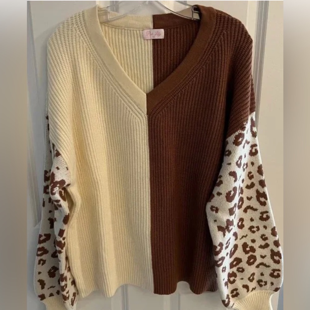 Brand New Pink Lily "Not Over Yet Brown Color Block Leopard Sweater" Size M/L